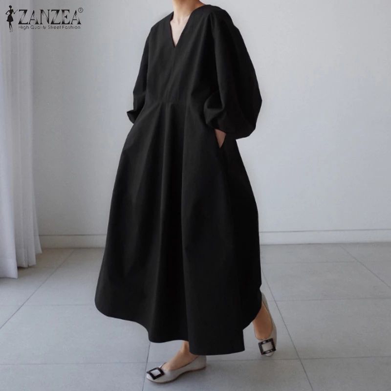 ZANZEA Women V Neck Long Puff Sleeve Side Pockets Maxi Dress