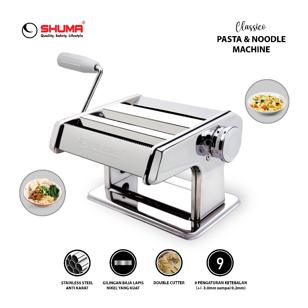 Pasta Maker Shuma Classico AM150 - Manual, Stainless Steel, Silver, 9 Posisi Penyesuaian Ketebalan