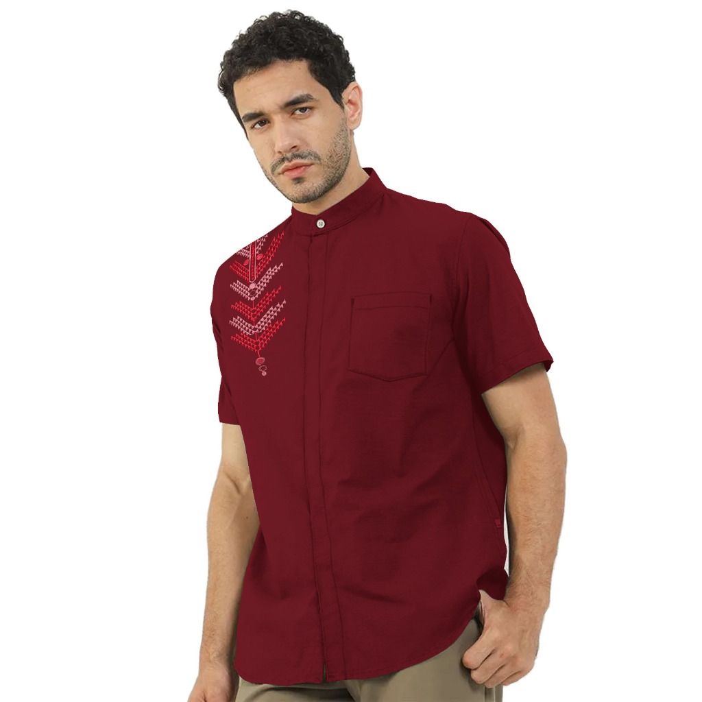 Al Jabari - Baju Koko Pria Dewasa Lengan Panjang Lengan Pendek / Baju Muslim Pria Bordir Motif Simple Bahan Katun Mikro Premium-Burgundy