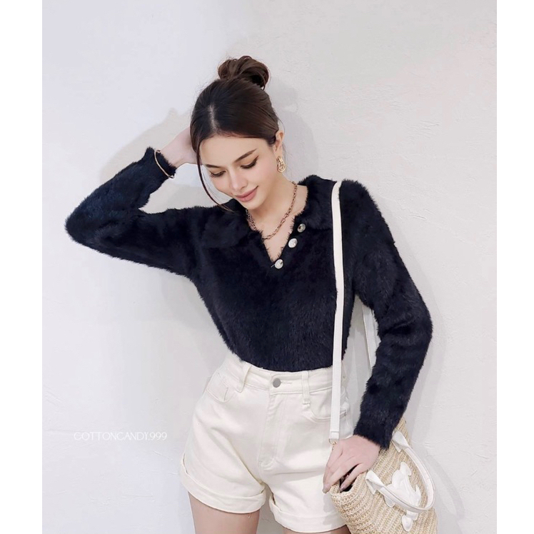 njoy.id - Crop top rajut lengan panjang wanita korea sweater bulu korea