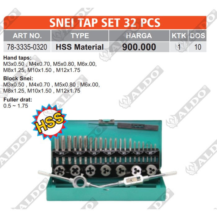 

Hand Tap Set ALDO 32 pcs HSS Ratchet Die Sets Snei Tap Snai Tap Dies