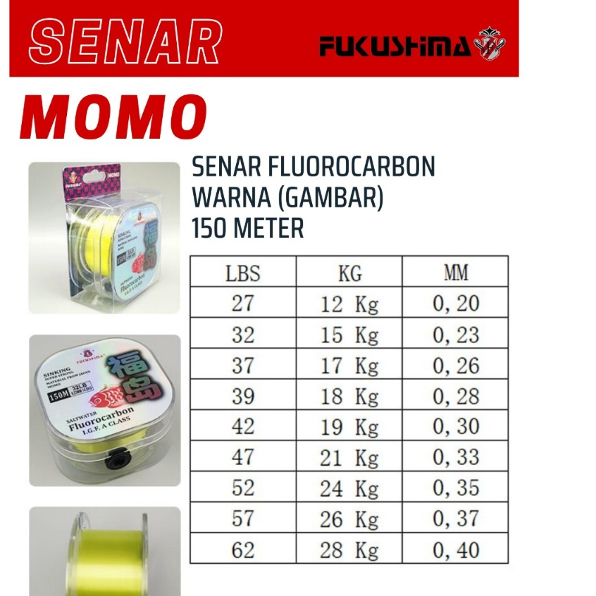 Senar Pancing 150 Meter FUKUSHIMA MOMO Kuning Hijau Fluorocarbon Saltwater Fast Sinking