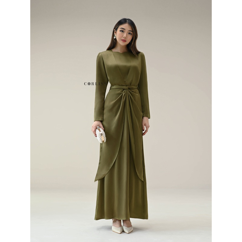 TERBARU - CORLISS ELEA DRESS OLIVE NEW COLLECTION MATERIAL PREMIUM SATIN SILKY KELILING GRADE A