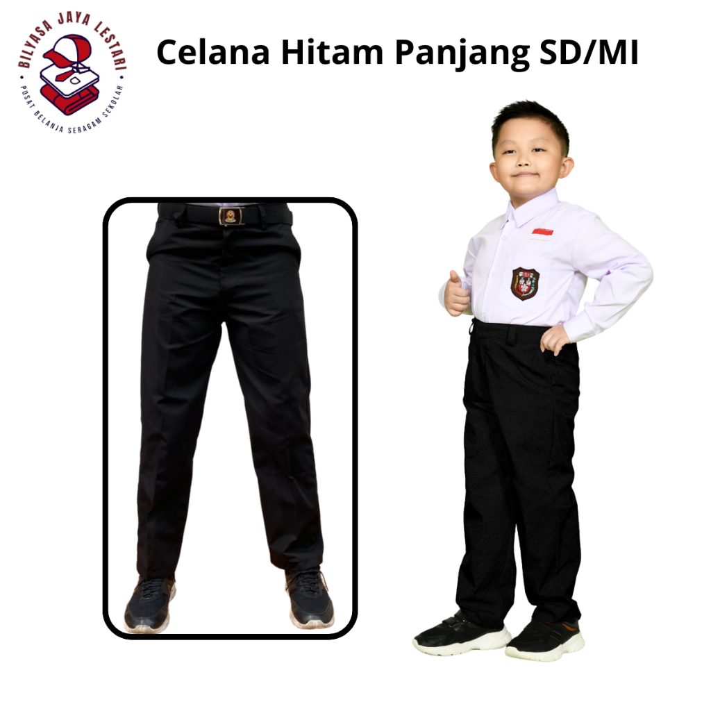 Celana Hitam Panjang Pria Anak Laki Bawahan Seragam Sekolah SD Madrasah Pinggang Karet