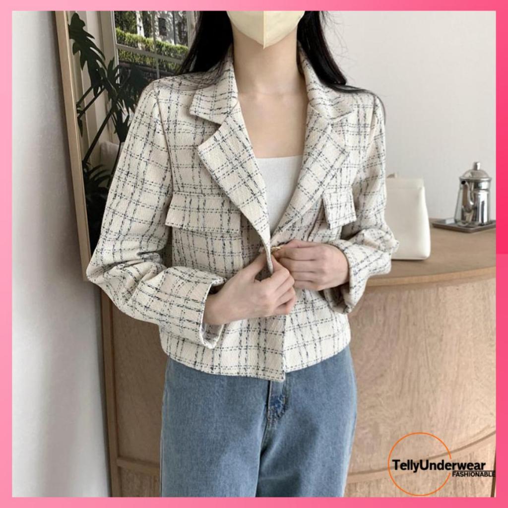 TELLY ➡️ BJ-095 Jacket Wanita Terbaru Lengan Panjang Kekinian Premium Kotak-kotak Kardigan Crop Vint