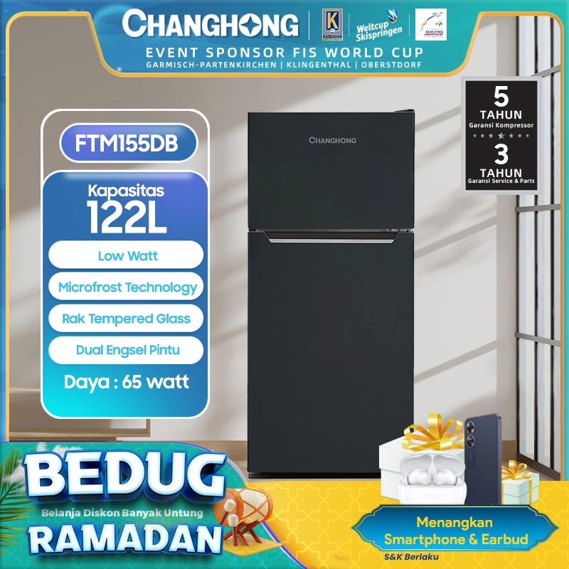 Changhong  Kulkas 2 Pintu  (Refrigerator) Lemari Es  Kapasitas 122 Liter FTM155DB Black (Semi Auto Defrost) (Kulkas Minimalis Design Korean Look) (Kulkas Fleksibel) (Kombinasi Pendingian Dan Pembekuan) ( Kulkas Temperred Glass)