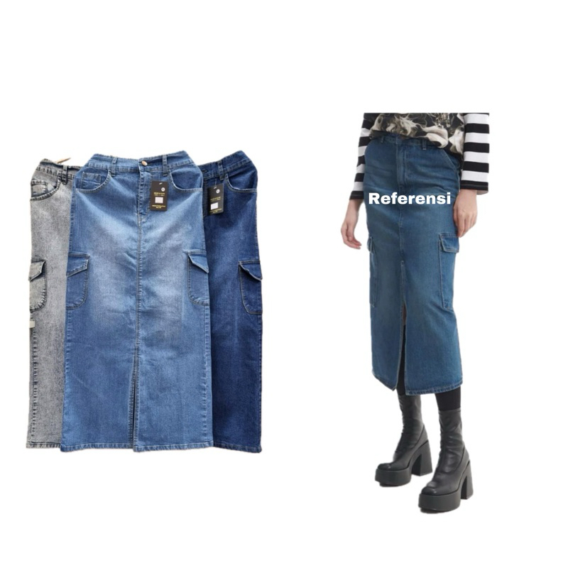 Rok Span Cargo Clara Belah Tengah Gaya Slit Wanita Warna Medium Blue Jeans Allsize Muat Jumbo
