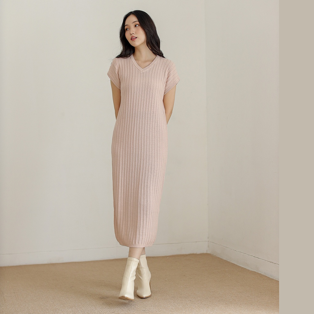 Dress Knit V Neck / Dress Span Rajut Polos / Dress Lengan Pendek