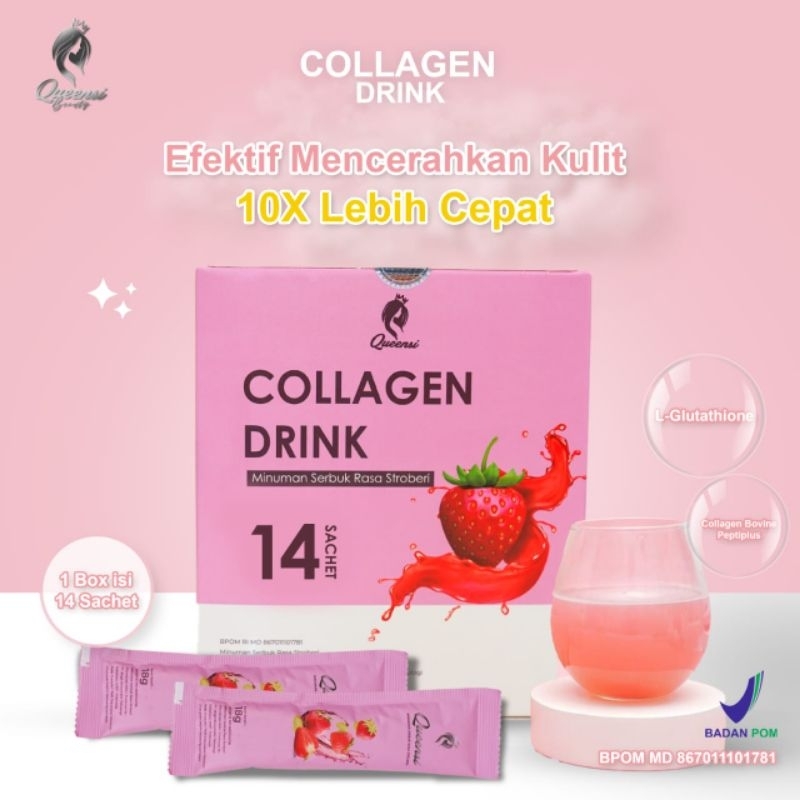 Queensi Collagen Drink mengandung Premix Strawberry, Glikosida Steviol, Dextrose, Vitamin C, Collage
