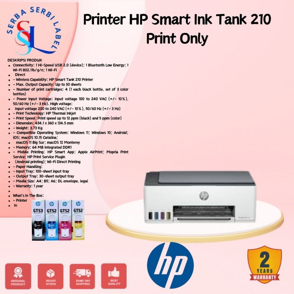 Printer HP Smart Tank 210 Print Kertas A4 Cetak Murah Color Warna