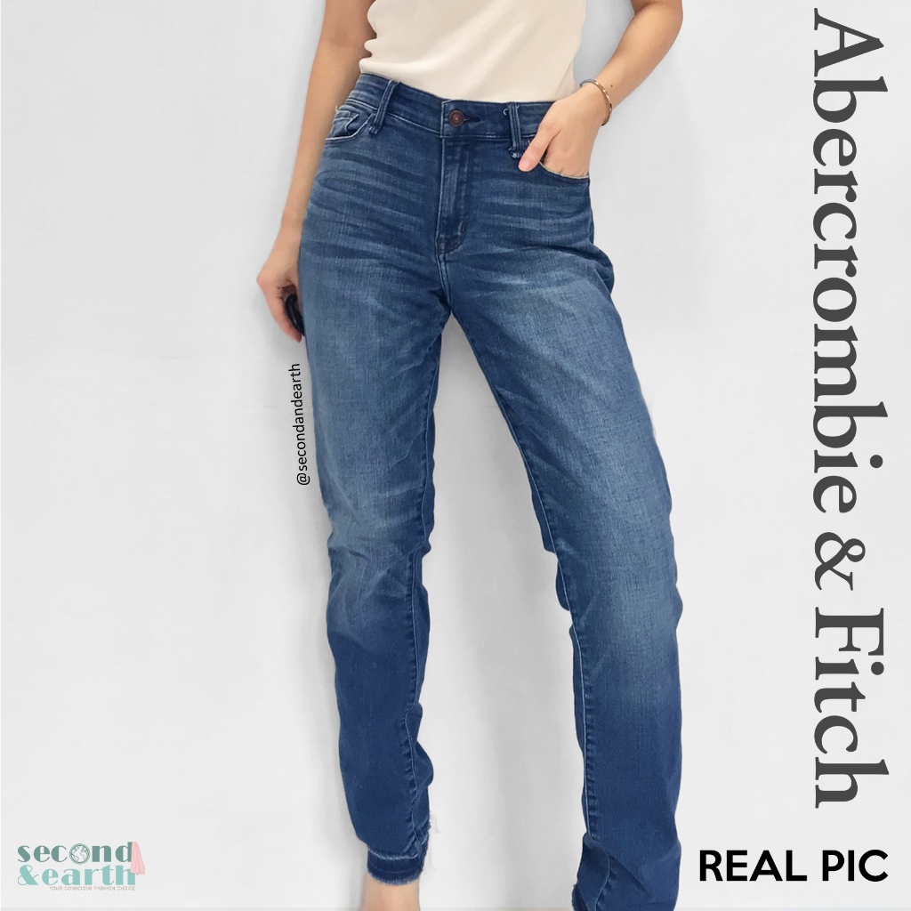 Abercrombie & Fitch Authentic Jeans (S-M) Mid Waist Skinny Jeans Fitted Biru Polos Celana Panjang De