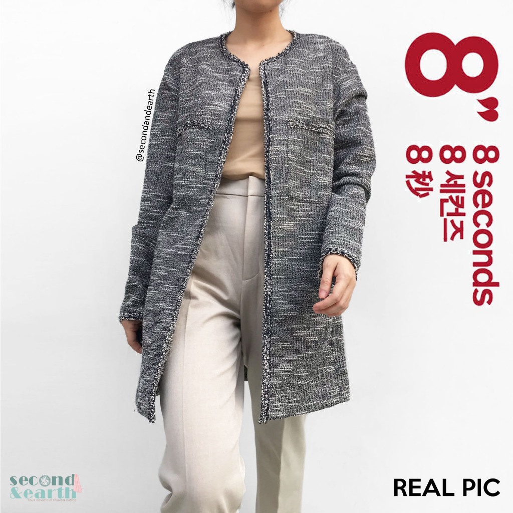 8 Seconds Authentic Long Coat (S) Luaran Lengan Panjang Lurus Bahan Tweed Tebal Abu Long Sleeve Stra