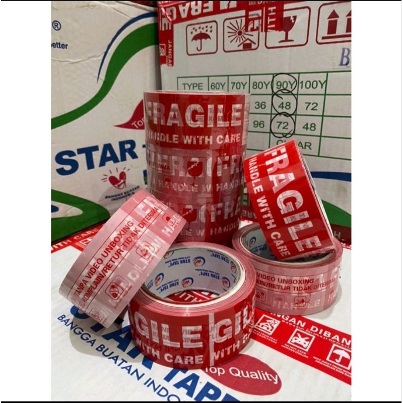 

(HARGA/PCS) FRAGILE UNBOXING Seven Star Lakban Plakban Isolasi Packing FRAGILE Merah UNBOXING 48MM X 50MT