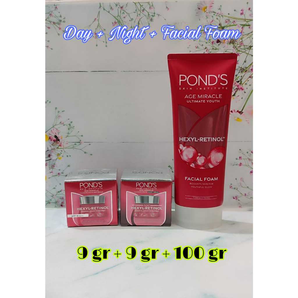 Paket Mini Hemat PONDS age miracle Day 9gr + Night 9gr + Facial Cleanser 100ml - Cream Pagi Malam An