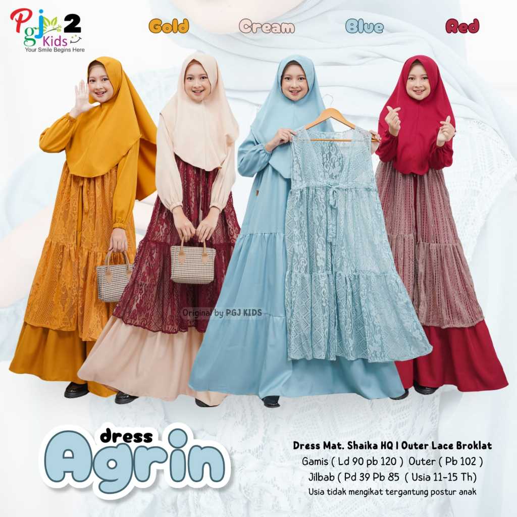 COD Dress Gamis Panjang Dengan Outer Lace Brokat Dan Jilbab Anak Remaja Perempuan 11-15T Agrin Set