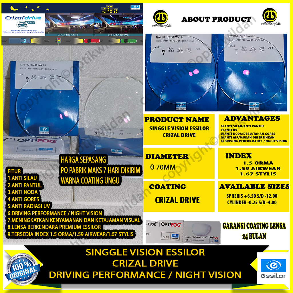 ESSILOR NIGHT VISION SINGLE VISION GOSOK/PO PABRIK CRIZAL DRIVE NIGHT VISION