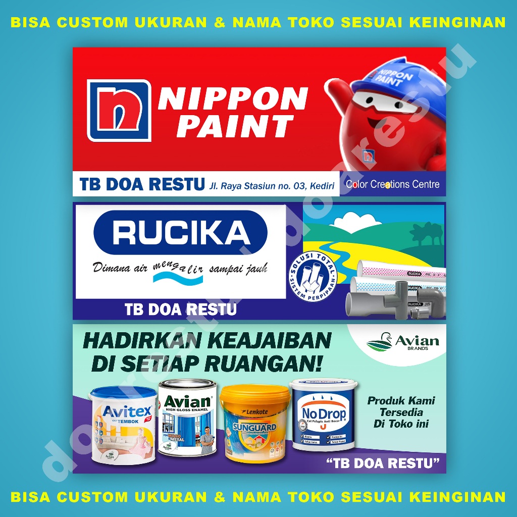 Spanduk Brand Toko Bangunan Nippon Paint , Rucika, Semen Gresik + Custom nama | Banner Toko Listrik