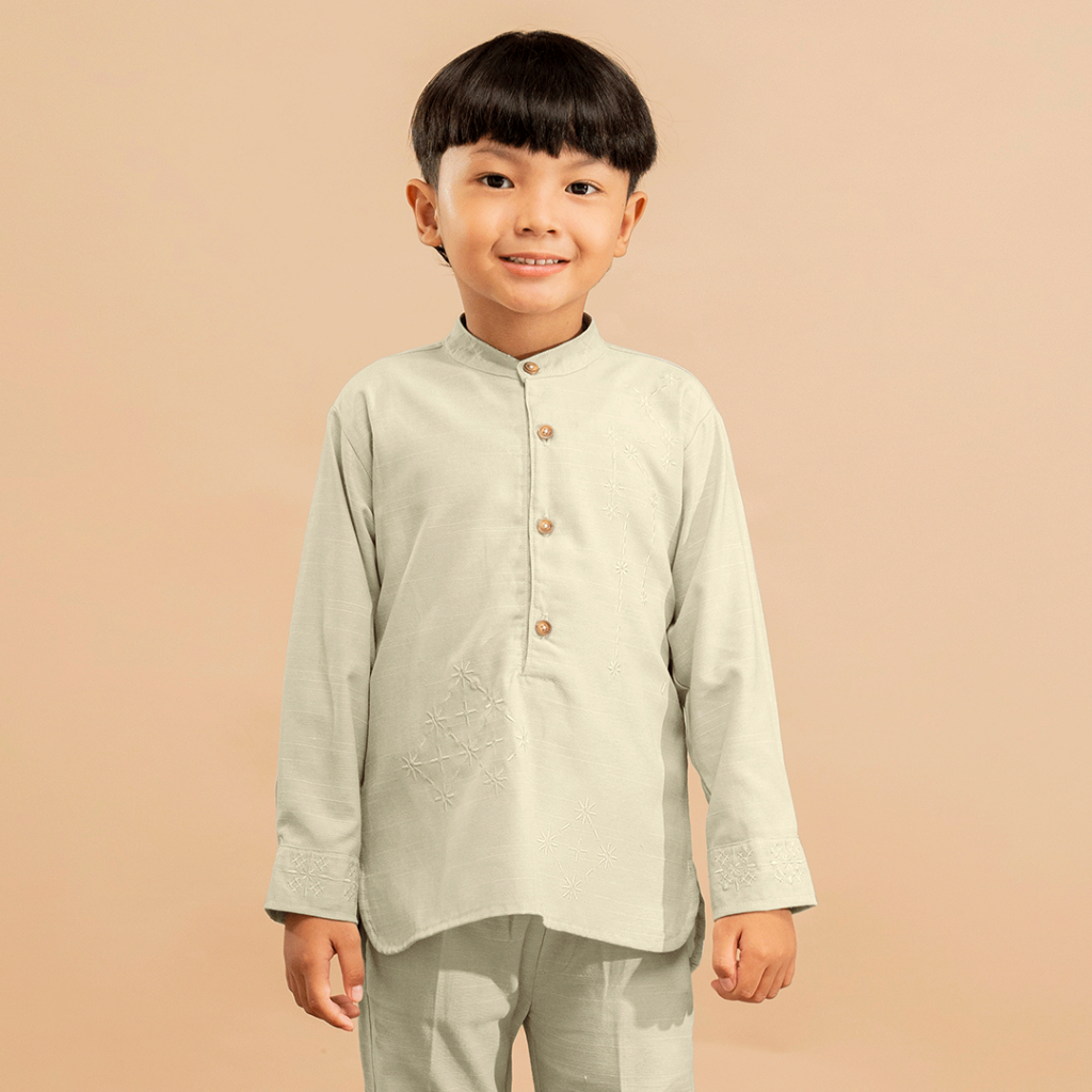 Baju Anak RAJHI Sage Raya Series by Kaum Adam Kemeja Koko Spesial Hari Raya warna Sage