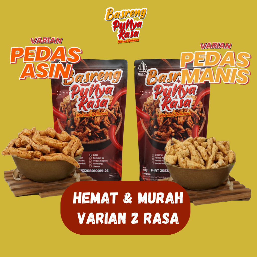 

Cemilan Basreng Pedas Asin&Pedas Manis Snack Pedas Isi 2 Makanan Ringan Jajanan Bandung Bumbu Medok