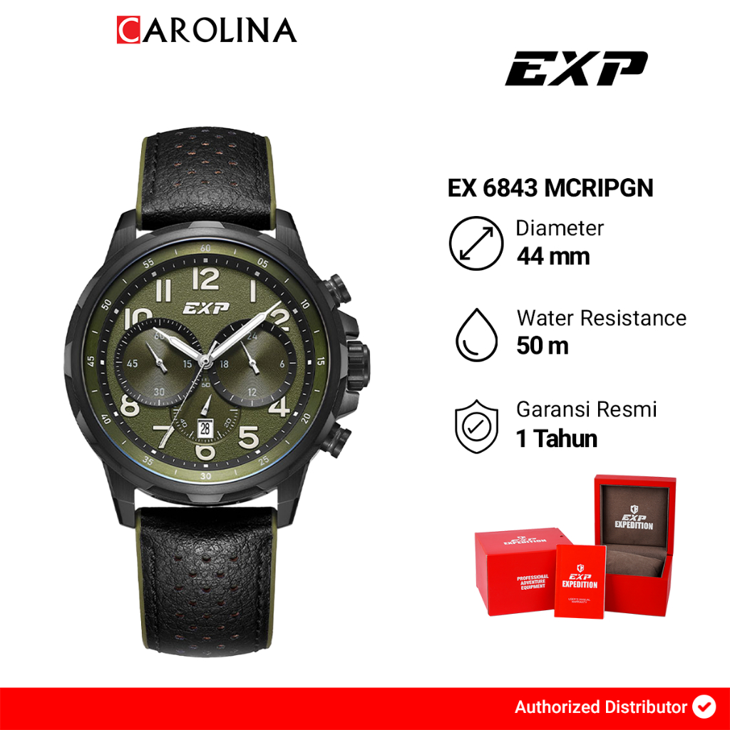 Jam Tangan Pria Expedition Exp Chronograph EX 6843 MCRIPGN Green Dial Black Leather Strap