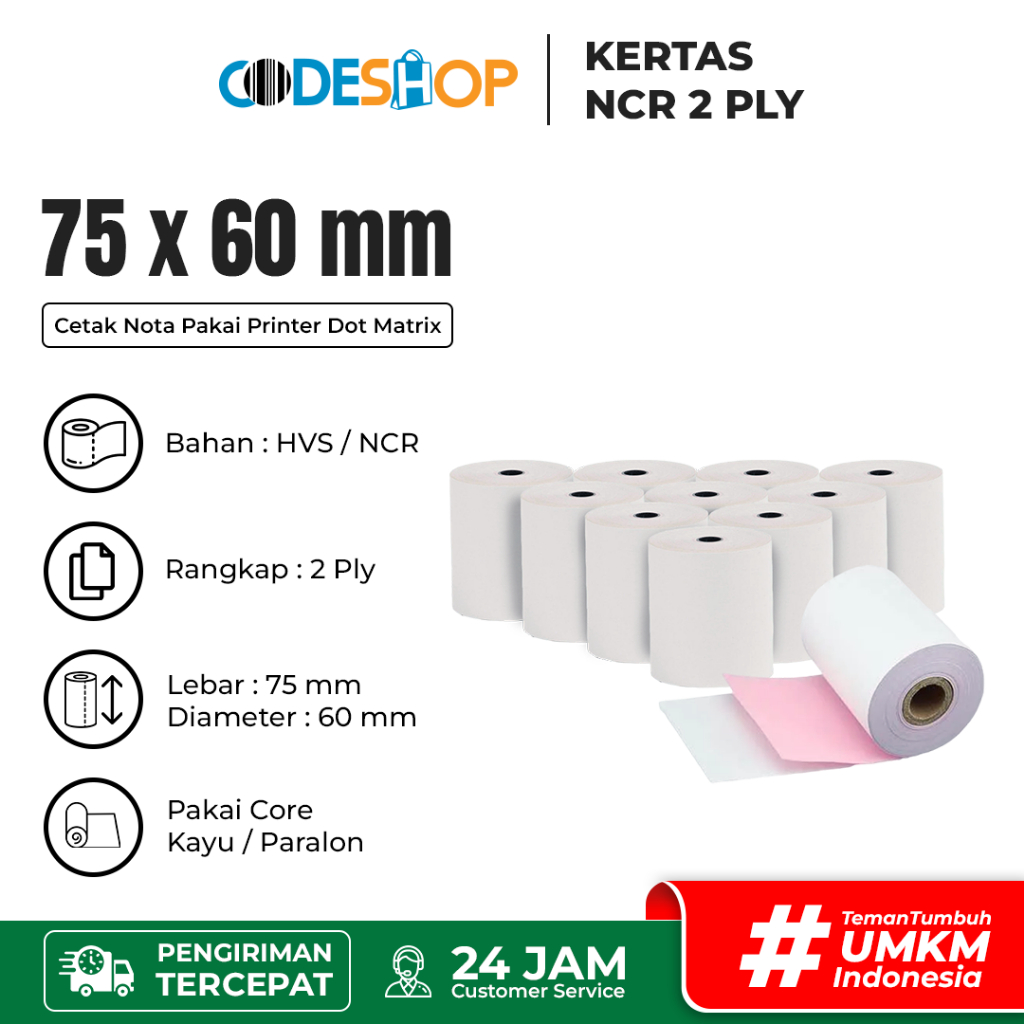 

Slop Kertas NCR 75x60 mm Ply 2 Printer Kasir Epson Matrix Point Star