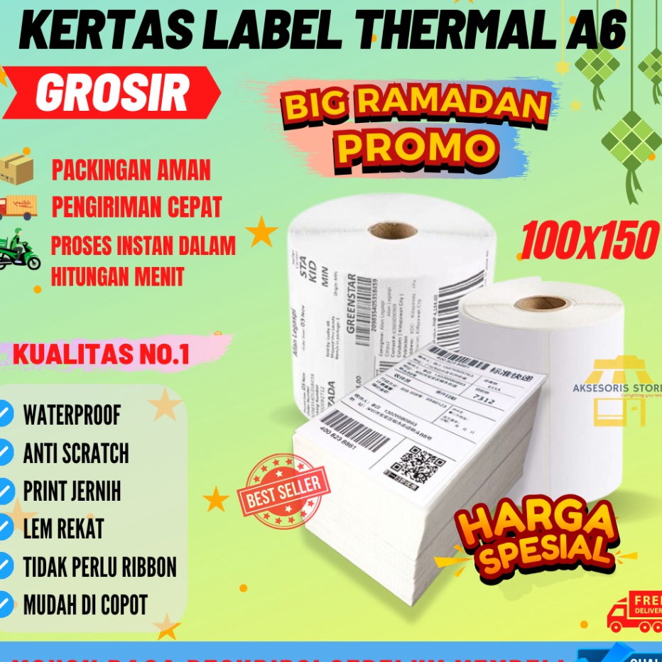 

1111 GROSIR KERTAS THERMAL LABEL STICKER 35PCS 5PCS UKURAN A6 1X15
