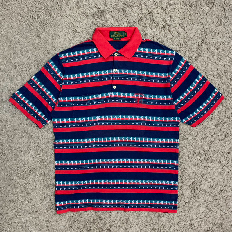 Vintage 1990’s Longchamp Golf Paris All Over Printed Red Polo Stripes Shirt | Kemeja Kaos Polo Golf 
