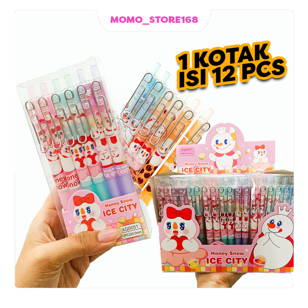 

(1 Pak 12 PCS) Pena sekolah kantor aesthetic, Pen gel mixue ice city gagang besi kuat 0.5m