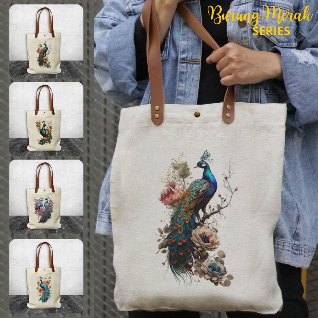 NEOBags - Tote bag Canvas Burung Merak Series | Tote bag Canvas Souvenir | Tote bag Wanita | Tote ba