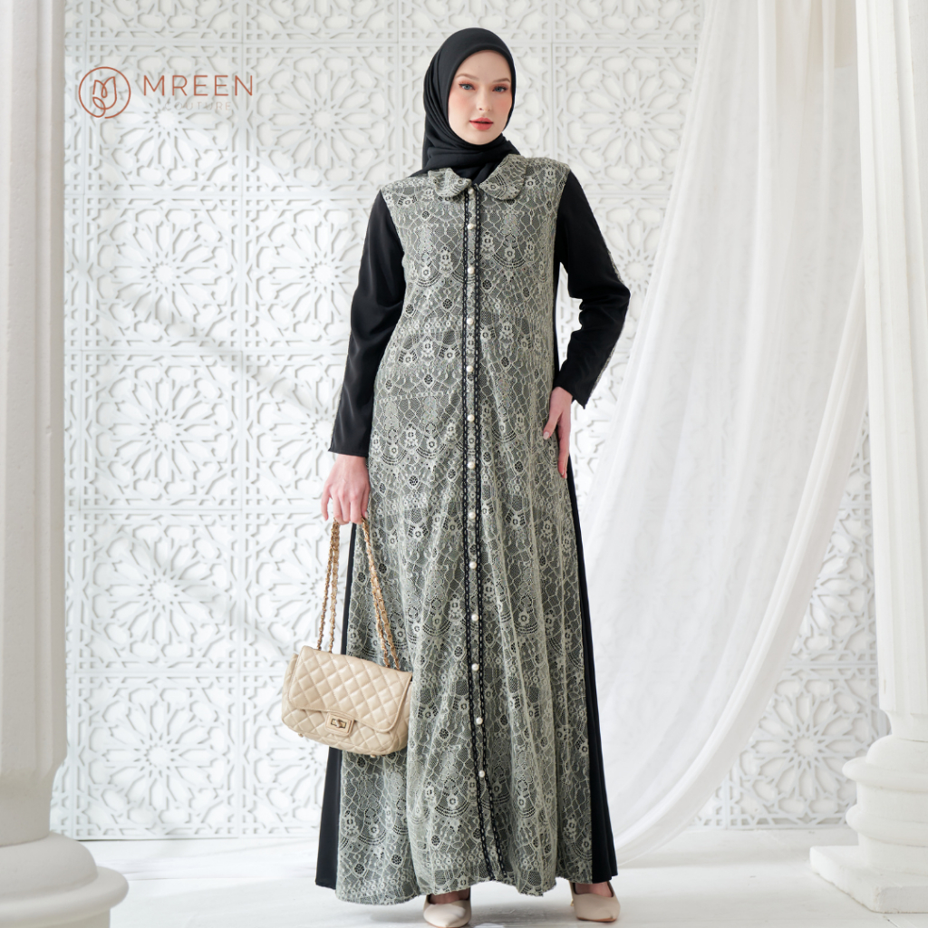MREEN - Akira Dress Brukat / Arabian Crepe Brukat Chantili Hitam Sage Green