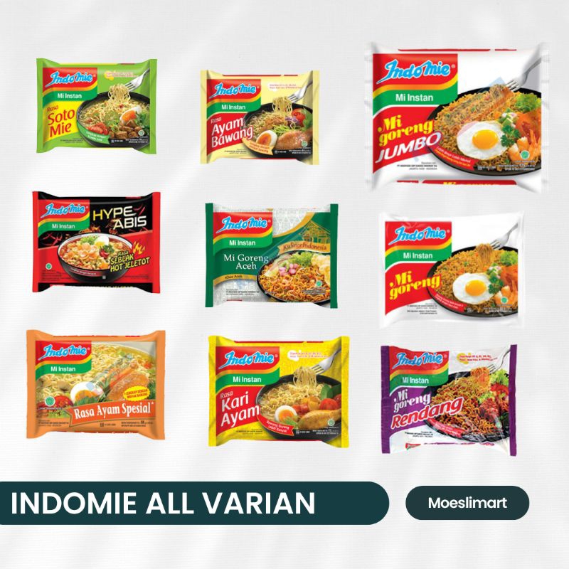 

Indomie Mie Instan All Varian Ayam Bawang / Soto Mie / Kari Ayam / Ayam Spesial / Mie Goreng Spesial / Mie Goreng Jumbo / Mie Goreng Aceh / Mie Goreng Rendang / Mie Hype Sblak Hot JLETO / Kari Ayam /