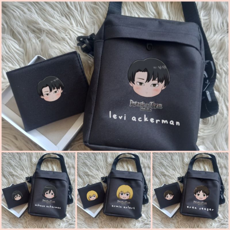 Tas selempang dan dompet attack on tittan sling bag mini levi ackerman eren yeager mikasa armin wall