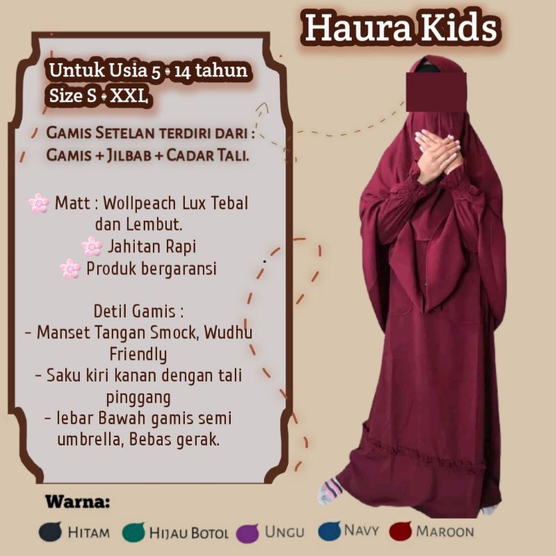 SET GAMIS  SYAR'I ANAK + KHIMAR + CADAR TALI ,  GAMIS ANAK REMAJA  USIA 5 -14 TH (SET GAMIS HAURA KI