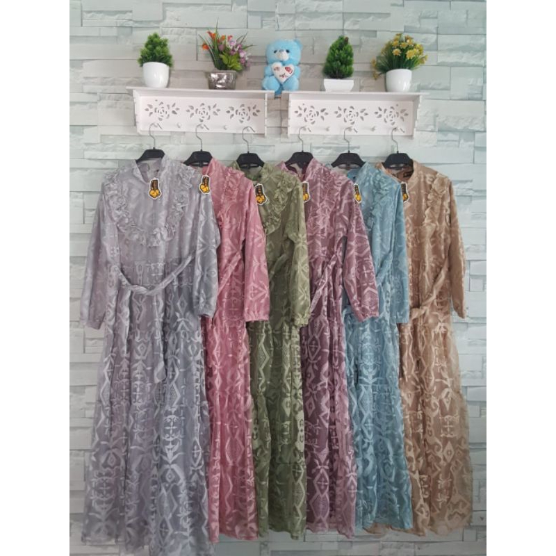 Dress Brokat Malika Etnik Tile Gamis Full Brukat Rempel Dada Model Canda Umpak Dress Kondangan Pesta