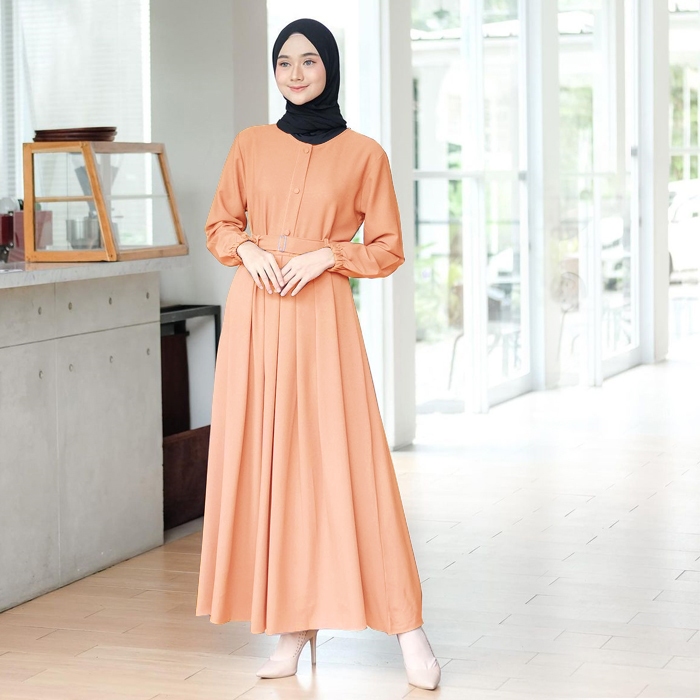 Gamis Monna Dress Sandira Belt Busui Friendly Syar'i Muslimah Jumbo Terbaru Shakila Premium Gamis Polos-CARAMEL