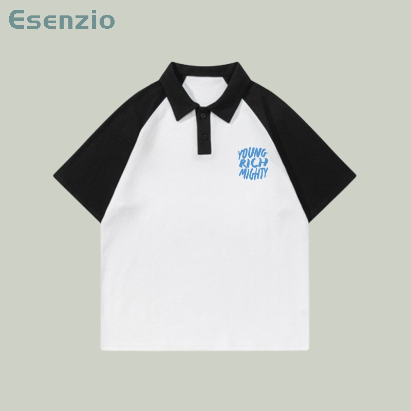 Esenzio Korean Style Retro Oversize Cetakan surat Rugby Polo Shirt Wanita White Crop Top baju T-shir