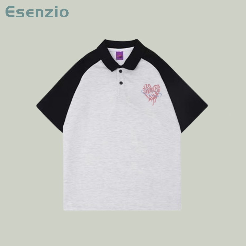 Esenzio Korean Style Retro Oversize Pink Love Rugby Polo Shirt Wanita White Crop Top baju T-shirt Wa