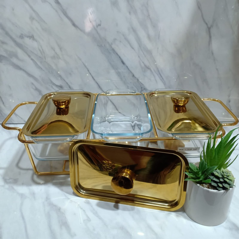 Prasmanan Kaca Tutup Steanlist Steel Gold / Prasmanan Mewah / Prasmanan set isi 3 / Mangkok sop Gold