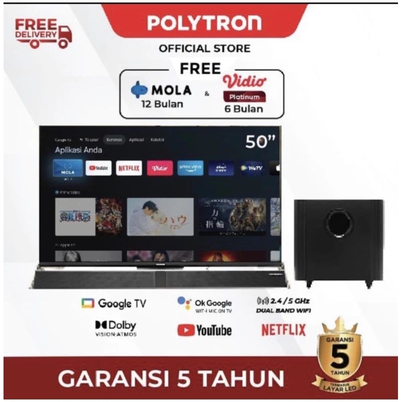 TV POLYTRON 4K UHD 50 INCH ANDROID GOOGLE TV SOUNDBAR 50BUG5058/ PROMO