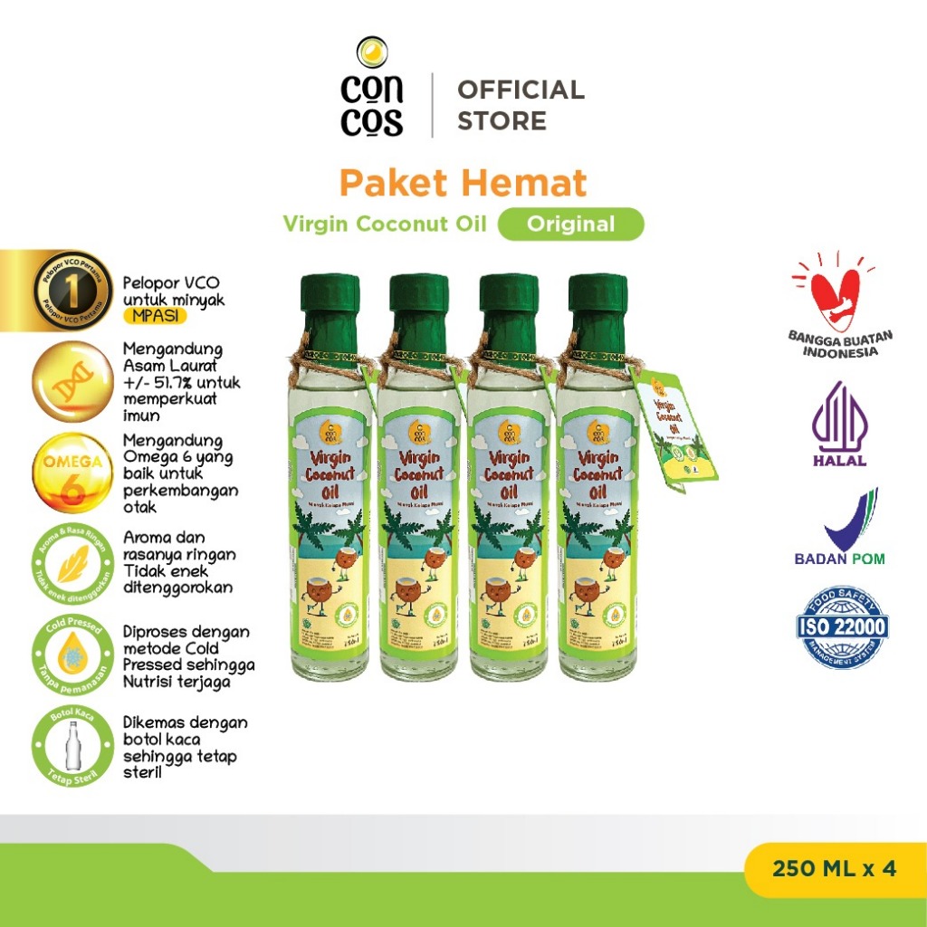 

Concos Virgin Coconut Oil Original (250 ml Bundle 4 pcs) / Minyak MPASI / VCO / Minyak Kelapa Murni 100%