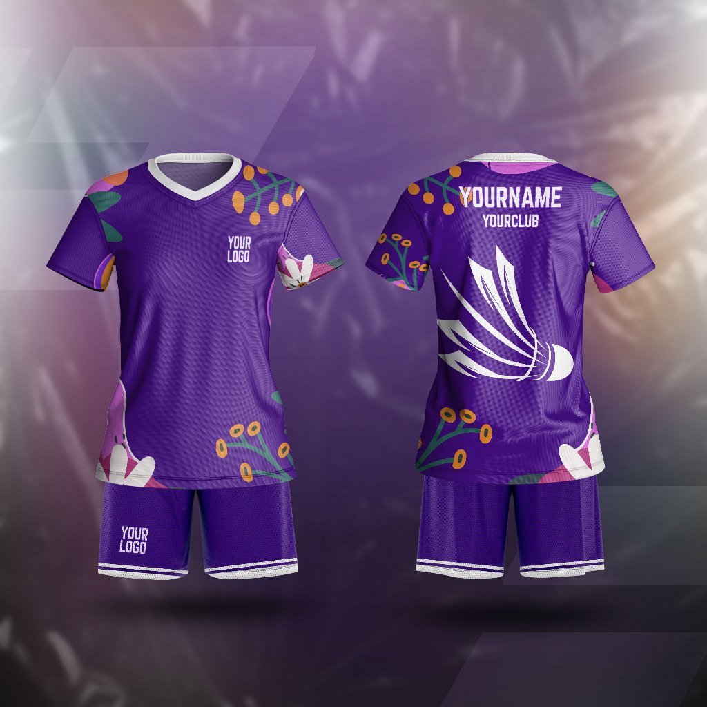 GAMEPLANE - Baju Wanita Kaos Jersey Badminton Women Ungu Flower Abstrak Bunga Custom Full Printing