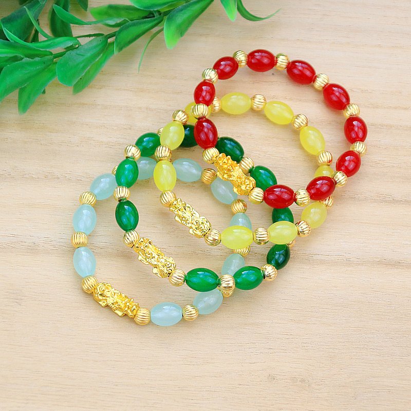 ❤️ Gelang Batu Akik Giok Oval Wanita Gelang Manik-manik Emas Keras Emas Pixiu Beruntung/gelang titan