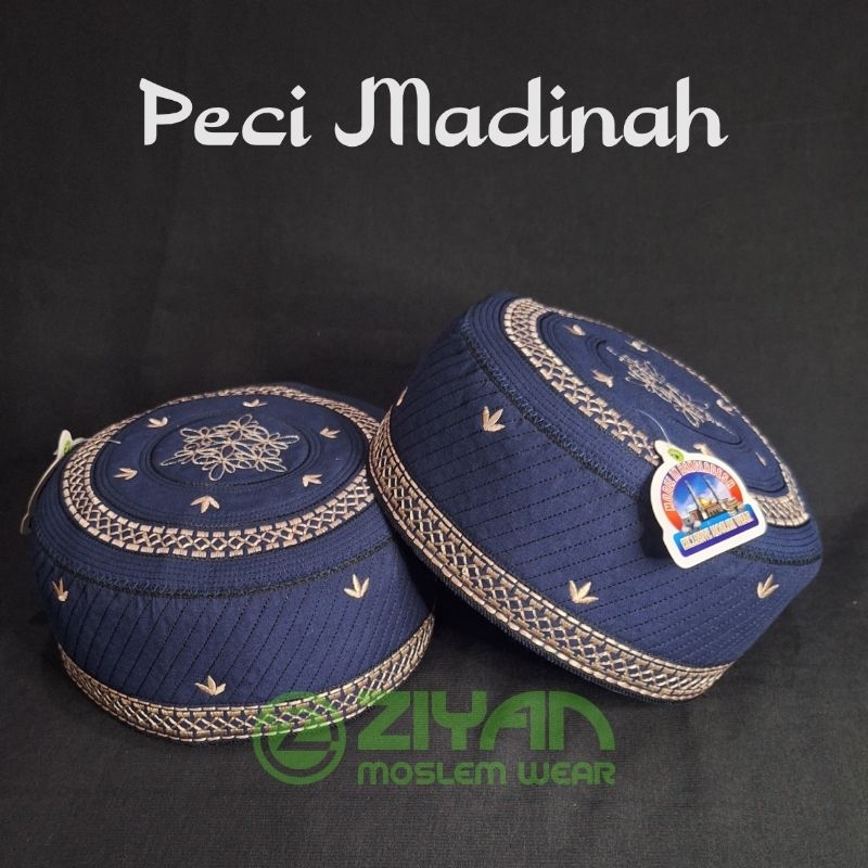 Peci Madinah Bugis Navy Bordir Premium Dewasa List Cream