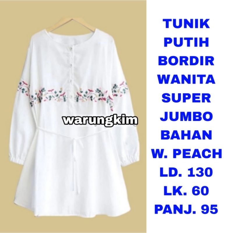 WK TUNIK PUTIH BORDIR WANITA SUPER JUMBO LD. 130 BAJU ATASAN LENGAN PANJANG