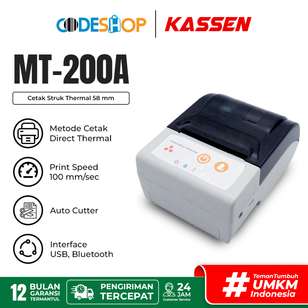 RECEIPT PRINTER BLUETOOTH KASSEN MT200A Struk Thermal 58mm Auto Cutter