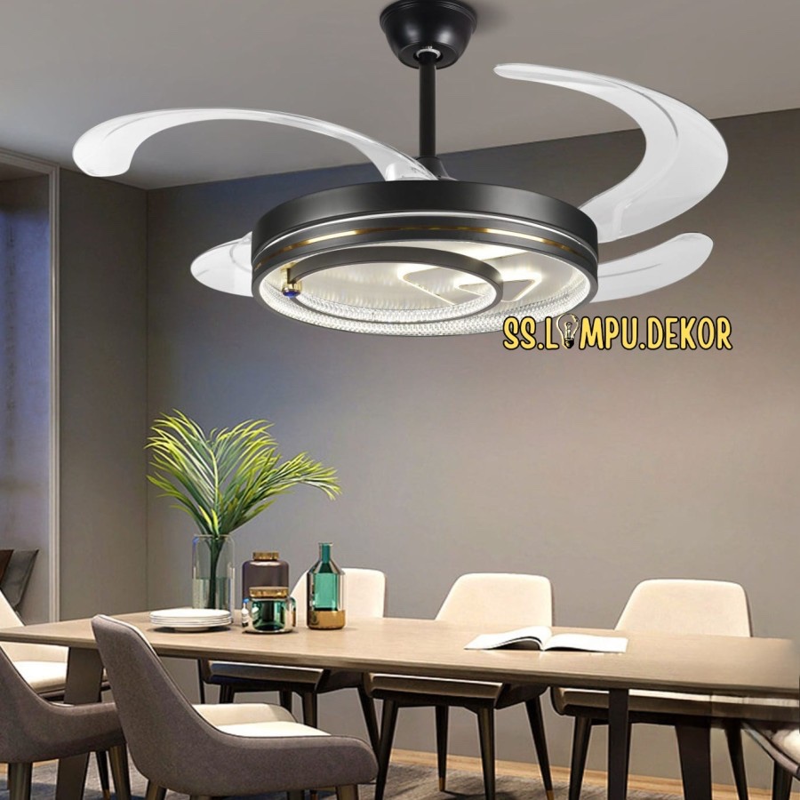 Kipas Hias Lampu LED Gantung Minimalis Modern Hitam Ruang Tamu