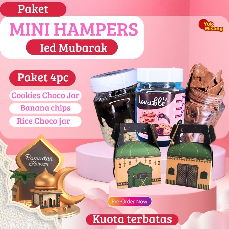 

Mini Hampers Lebaran Hari Raya Keripik Pisang Coklat Lumer Cookies Choco Chips Rice Crispy Choco Jar