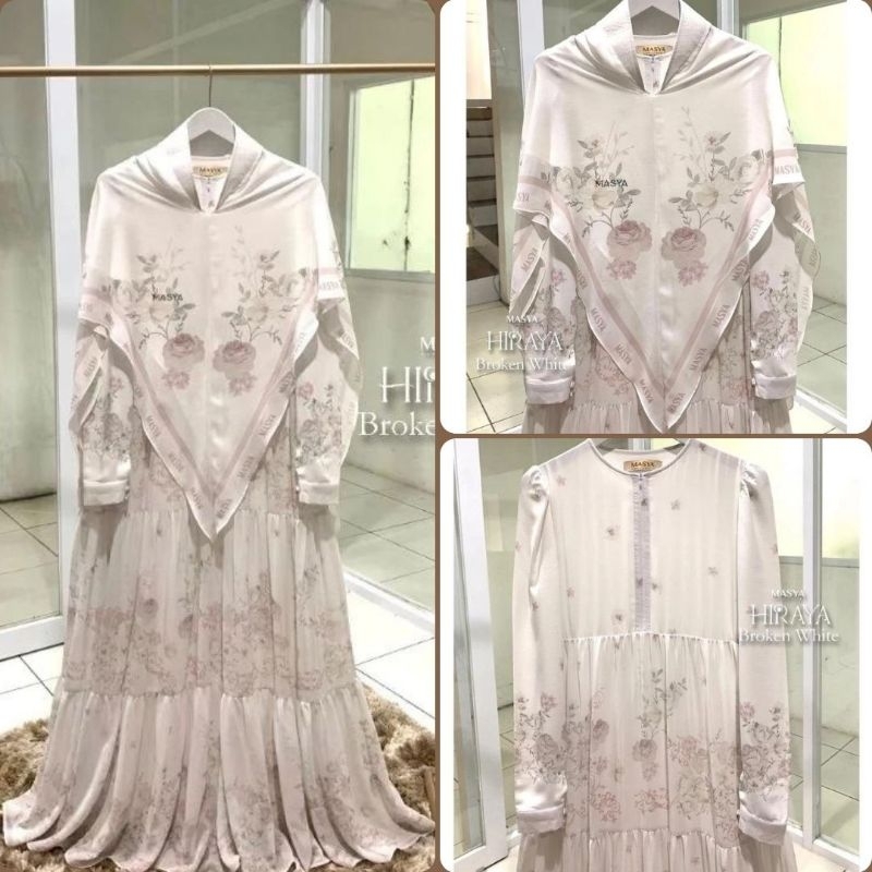 Set Gamis Dress Ceruty Silk Printing Premium Syari Putih Broken White Mewah Masya Syari Original Terbaru Hiraya MADENIA SYARI By MASYA