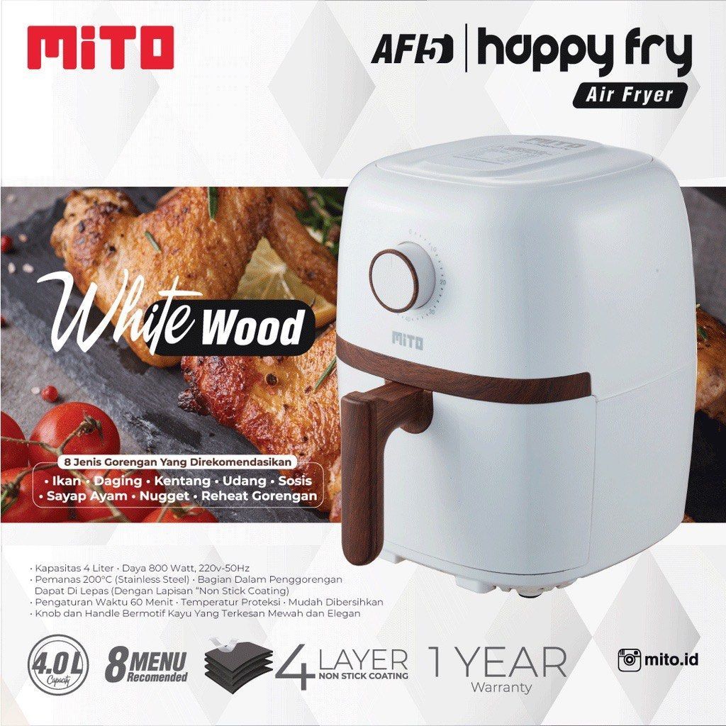 MITO Air Fryer AF5 Happy Fry 4L Manual Low Watt - Mesin Penggoreng Tanpa Minyak