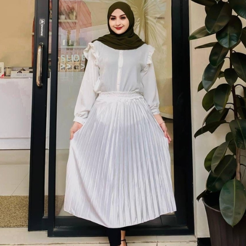 Rok Plisket Bludru Putih Pendek Korean Style // Rok Plisket Putih 7/8 Maxi Kerja Polos Lembut